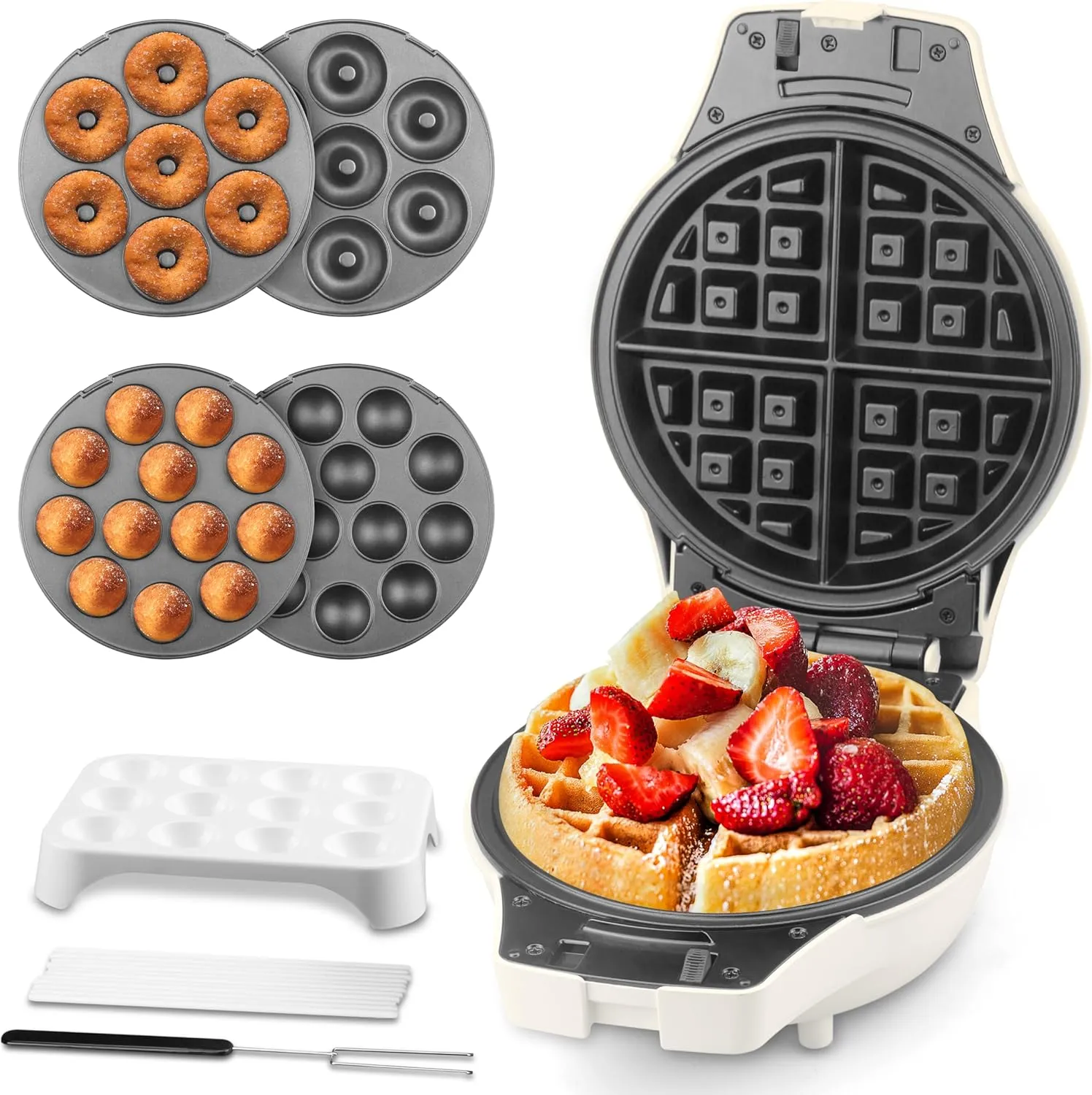 3 in 1 Thick Belgian Waffle Maker with Removable Plates, 8" Non Stick Belgian Waffle Iron Removable Plates, Mini Donut Maker Machine, Cake Pop Maker Machine Set with Accessories & Tools