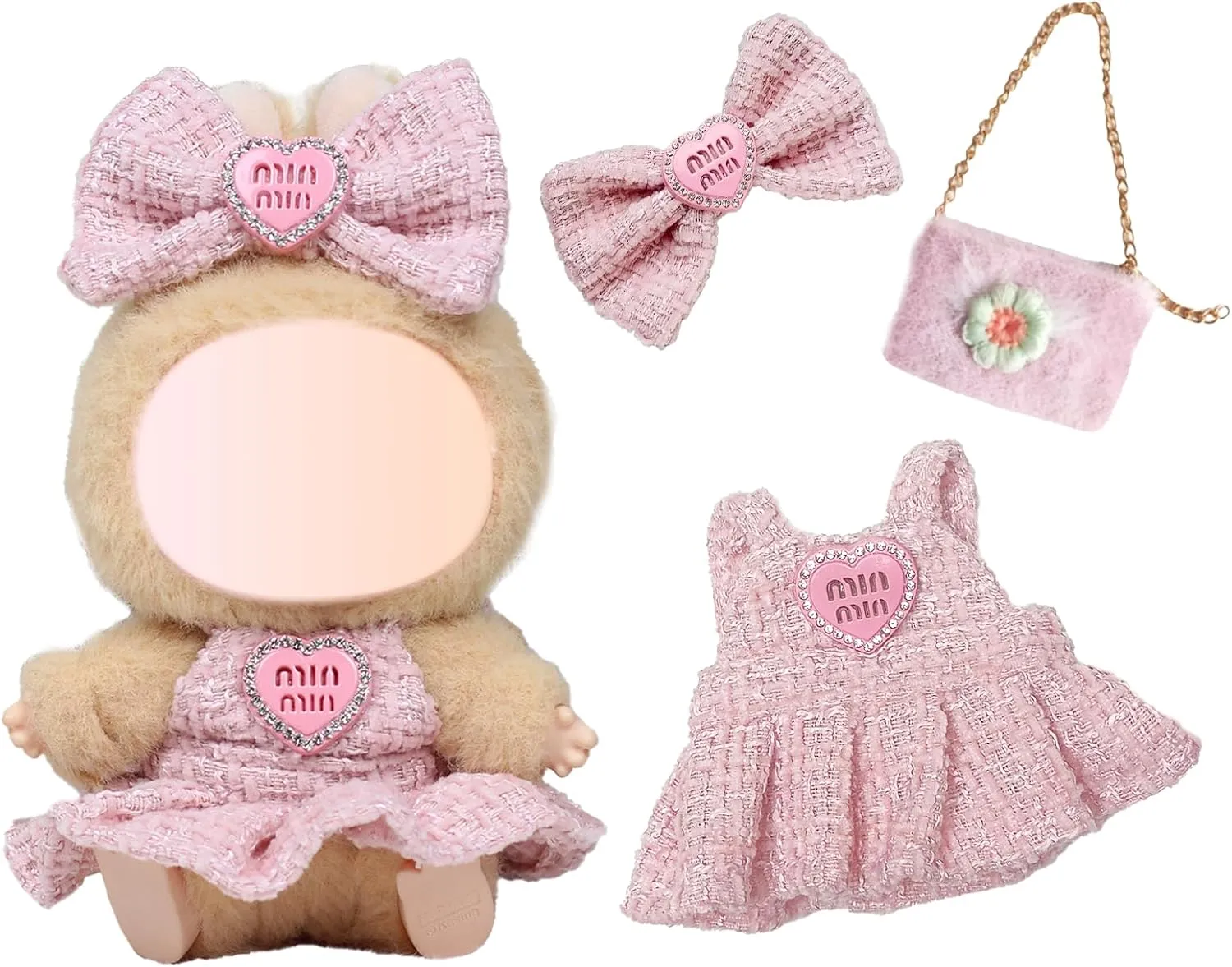 3 Pcs Handmade Clothes and Accessories for 17 cm Plush Dolls Including 1 Skirt 1 Bow Hair Clip 1 Shoulder Bag, Premium Stylish Doll Clothes Replacement Present for Girls (NO Doll) Pink