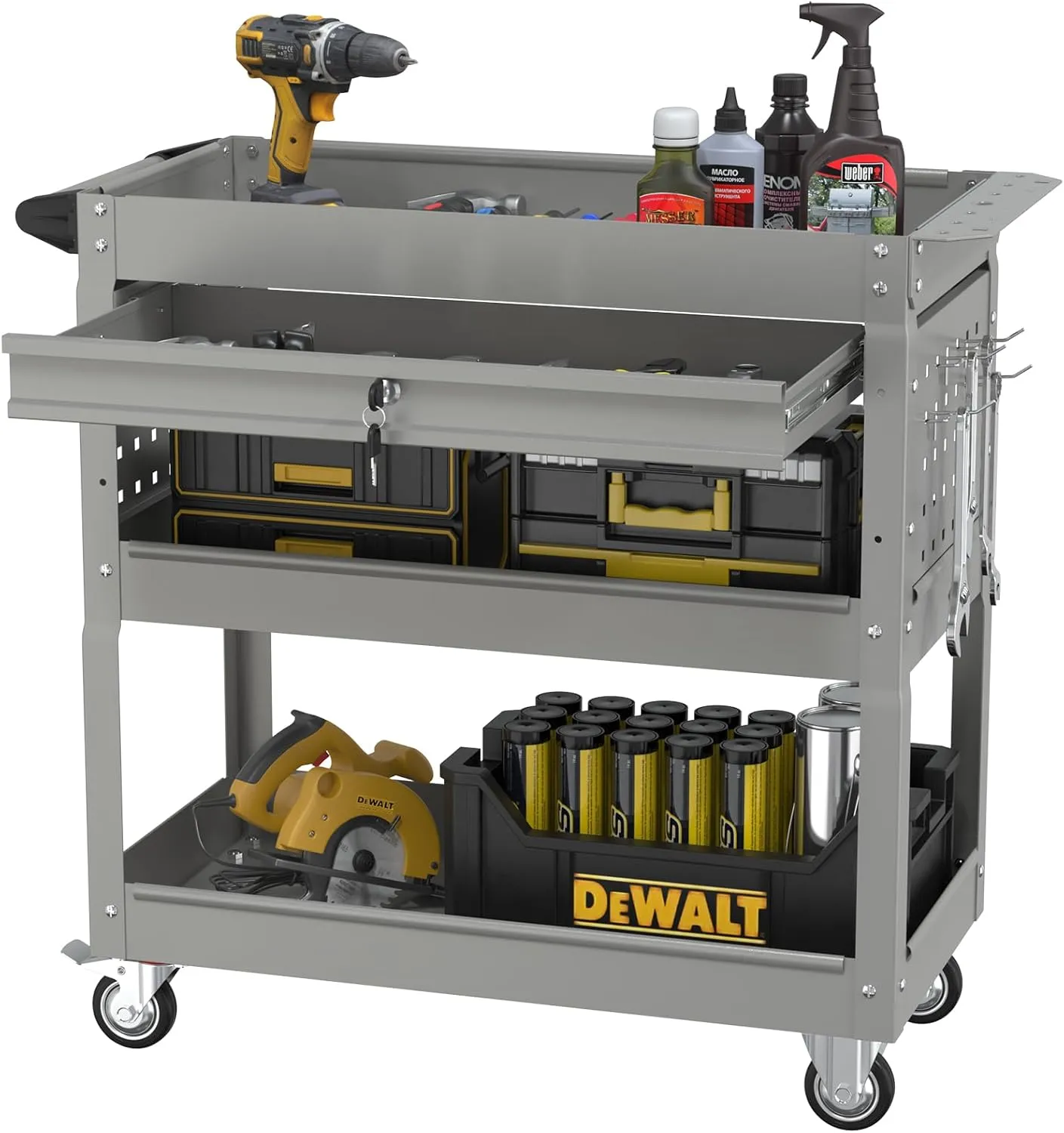 3 Tier Rolling Cart, Heavy Duty Utility Industrial Service Carts on Wheels, Metal Tool Cart with Locked Drawers, Ideal for Garage, Warehouse and Repair Shop（Grey）