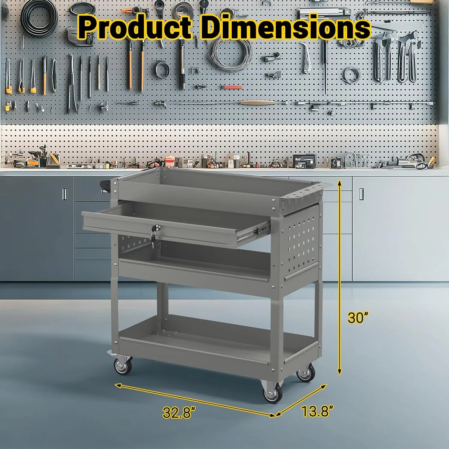 3 Tier Rolling Tool Cart on Wheels, 550 LBS Tool Cart with Drawers，Heavy Duty Utility Cart with Pegboard and Hook，Mechanic Tool Storage Cart for Garage, Warehouse and Repair Shop(Gray)