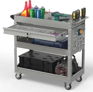 3 Tier Rolling Tool Cart on Wheels, 550 LBS Tool Cart with Drawers，Heavy Duty Utility Cart with Pegboard and Hook，Mechanic Tool Storage Cart for Garage, Warehouse and Repair Shop(Gray)