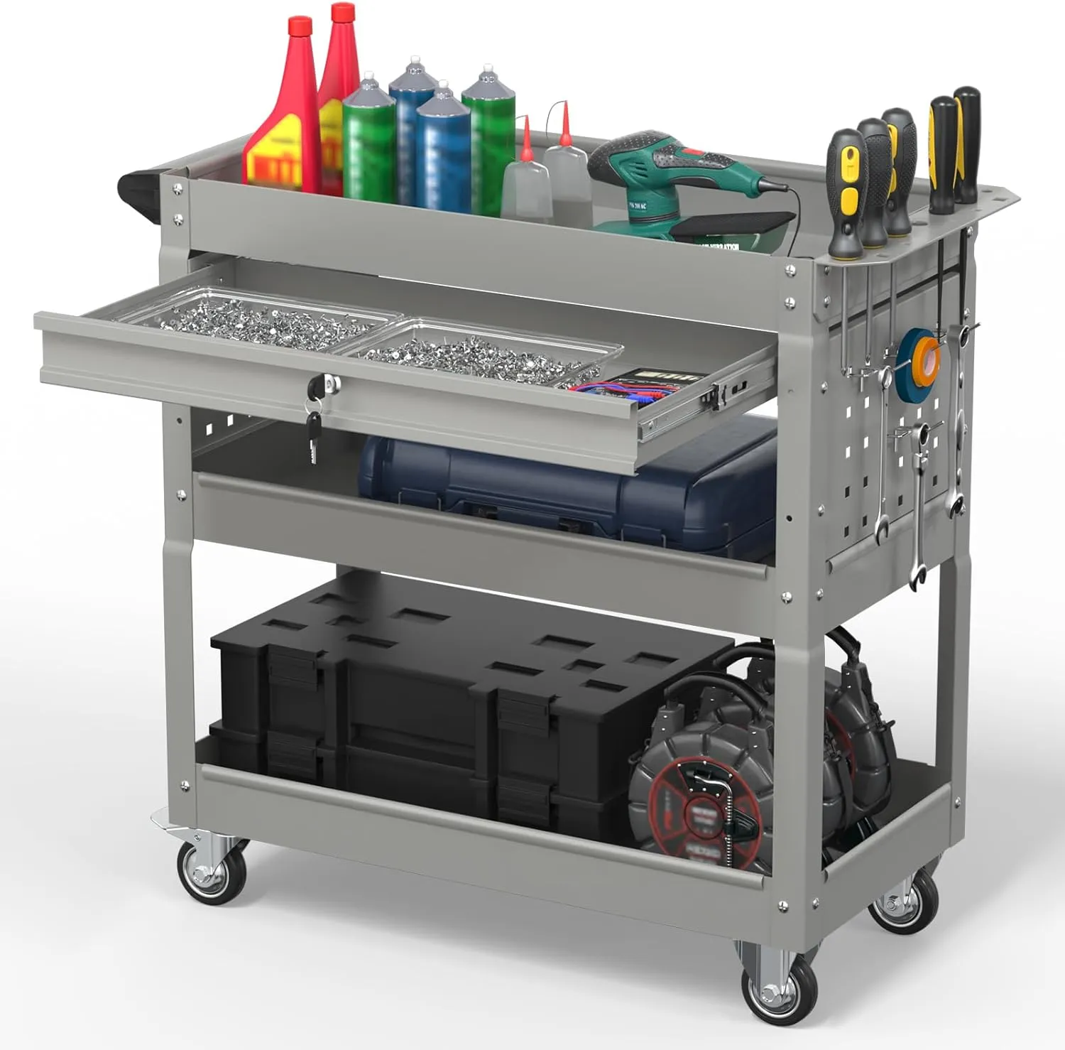 3 Tier Rolling Tool Cart on Wheels, 550 LBS Tool Cart with Drawers，Heavy Duty Utility Cart with Pegboard and Hook，Mechanic Tool Storage Cart for Garage, Warehouse and Repair Shop(Gray)