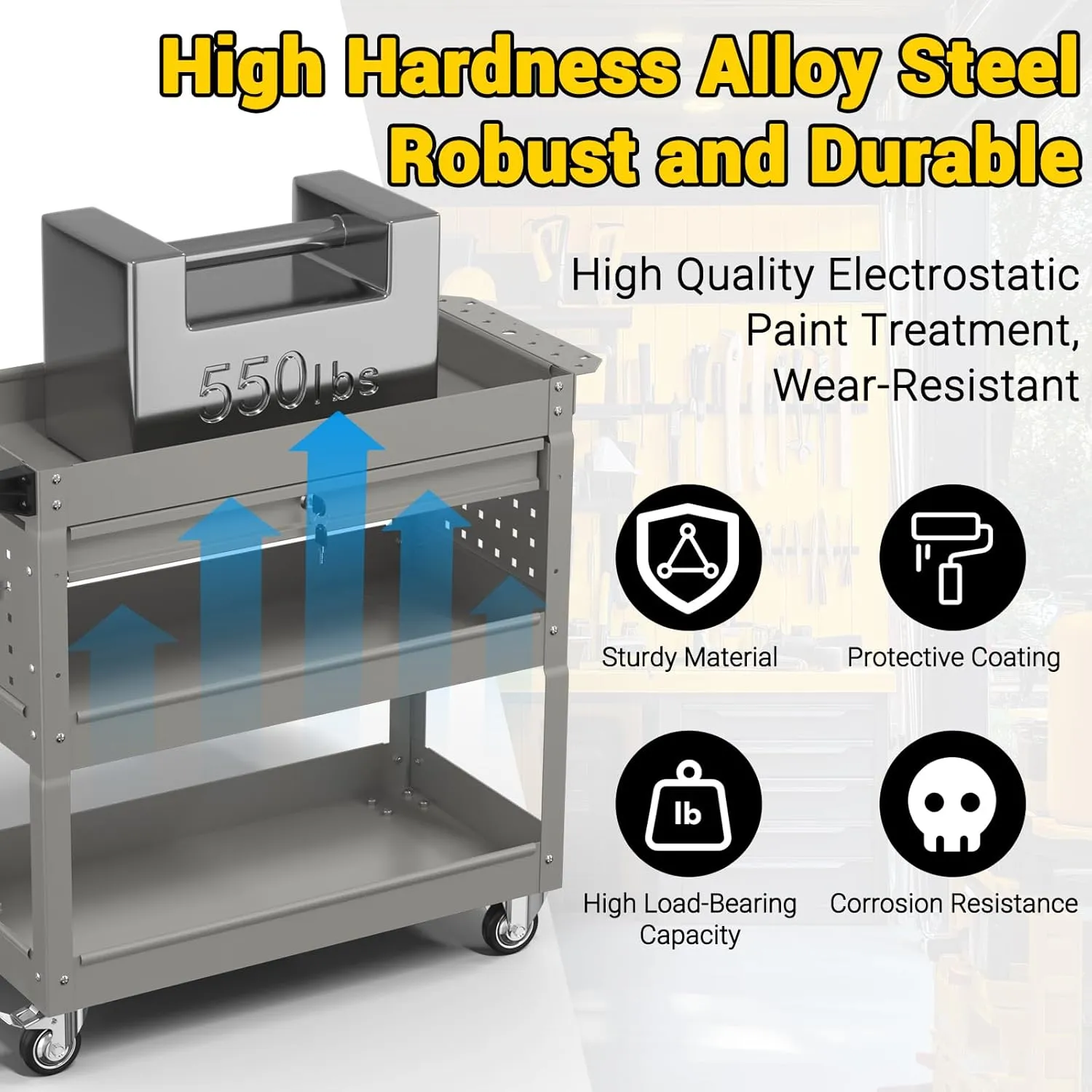 3 Tier Rolling Tool Cart on Wheels, 550 LBS Tool Cart with Drawers，Heavy Duty Utility Cart with Pegboard and Hook，Mechanic Tool Storage Cart for Garage, Warehouse and Repair Shop(Gray)