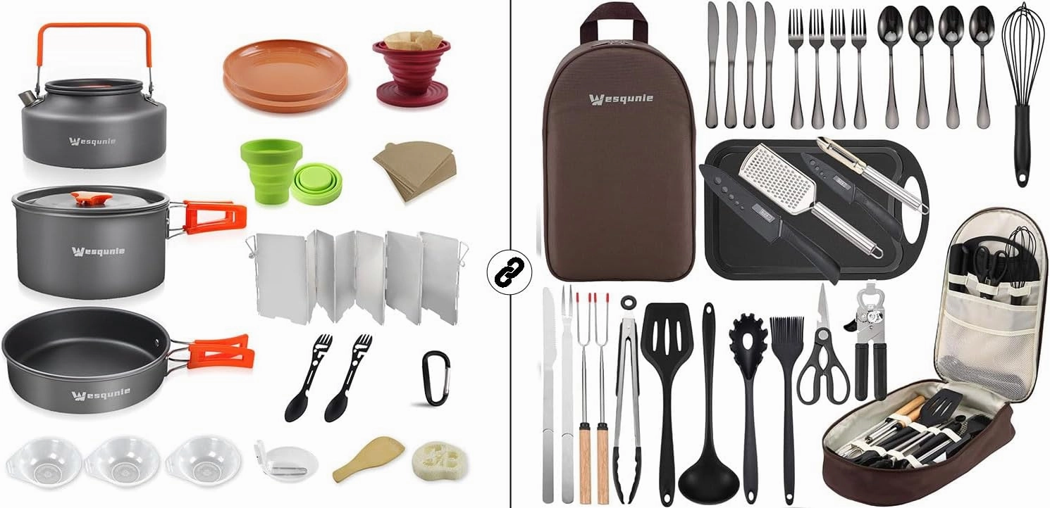 30Pcs Camping Cooking Utensils Set & 20Pcs Outdoor Camping Cookware Mess kit Brown Bundle