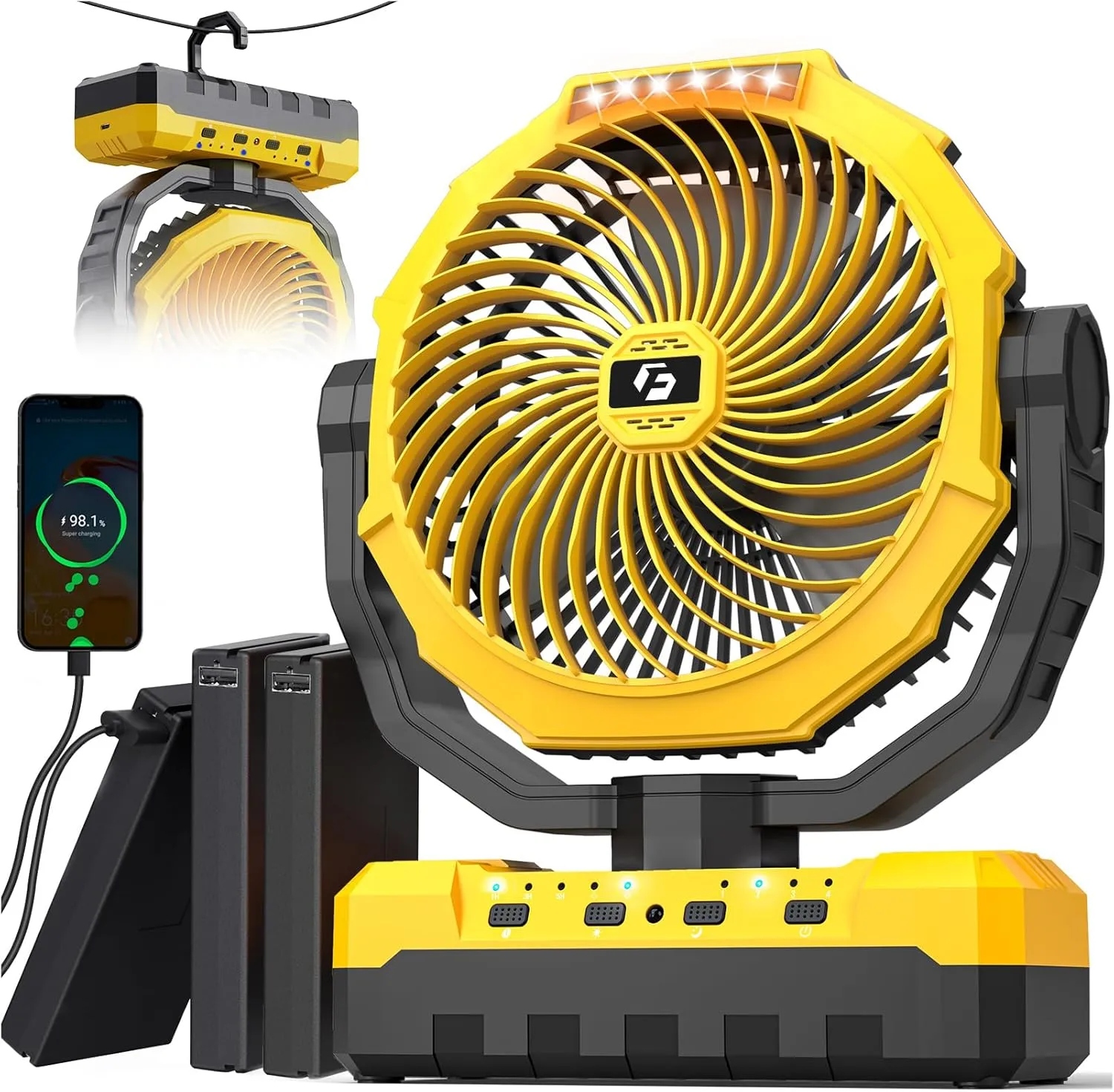 36000mAh Portable Camping Fan - 150HRS Rechargeable Fan with Detachable Battery with LED & Remote - 4 Speeds Battery Powered for Tent,Travel, Office, Jobsite