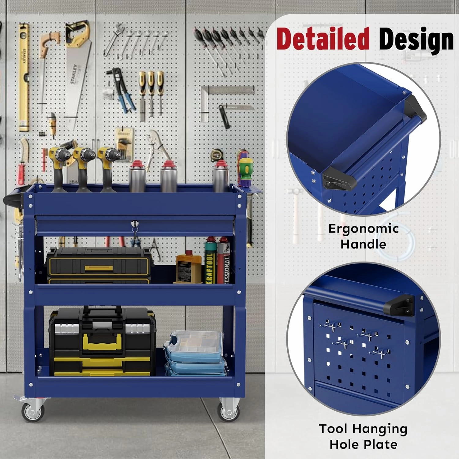 3 Tier Rolling Cart, Heavy Duty Utility Industrial Service Carts on Wheels, Metal Tool Cart with Locked Drawers, Ideal for Garage, Warehouse and Repair Shop（Blue）