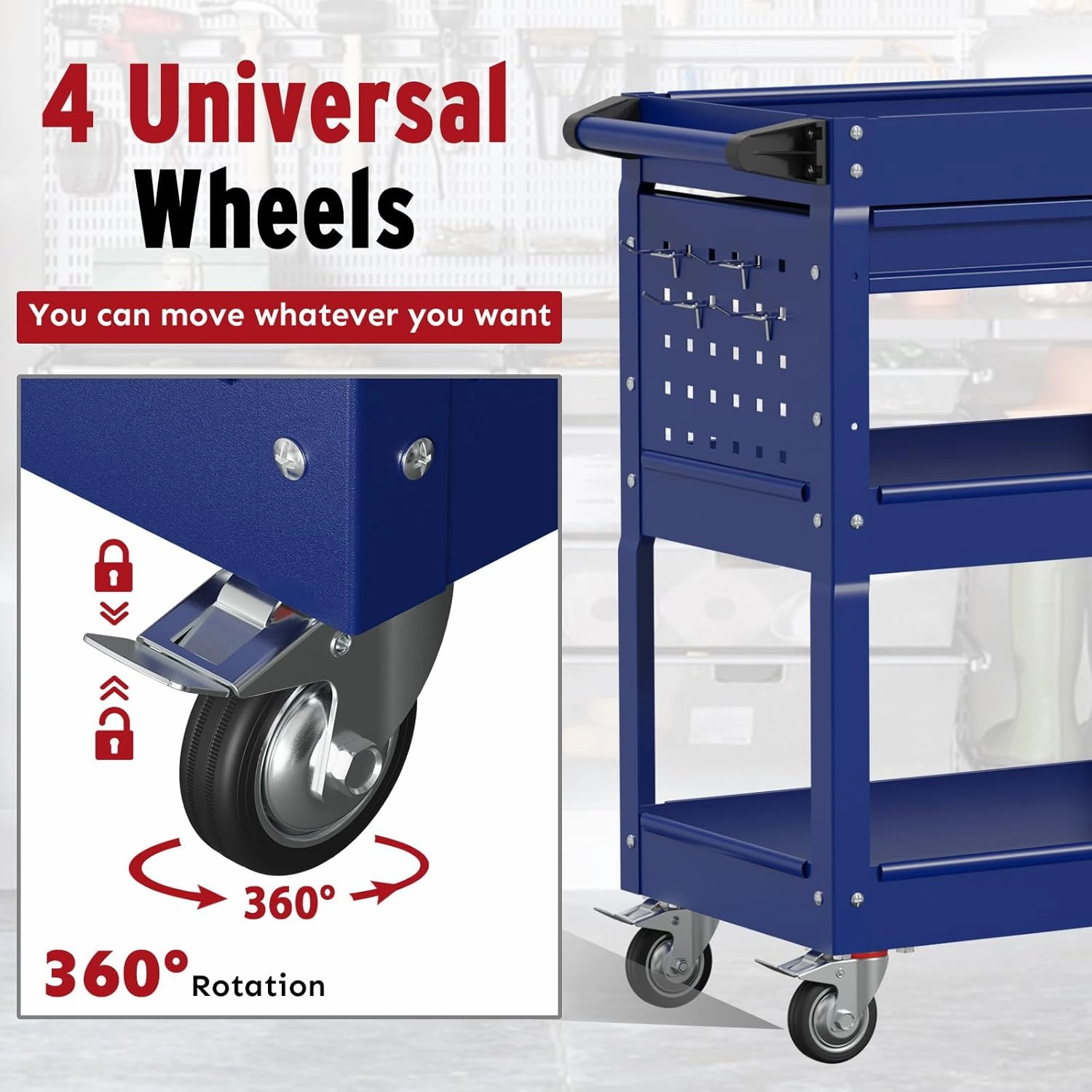3 Tier Rolling Cart, Heavy Duty Utility Industrial Service Carts on Wheels, Metal Tool Cart with Locked Drawers, Ideal for Garage, Warehouse and Repair Shop（Blue）