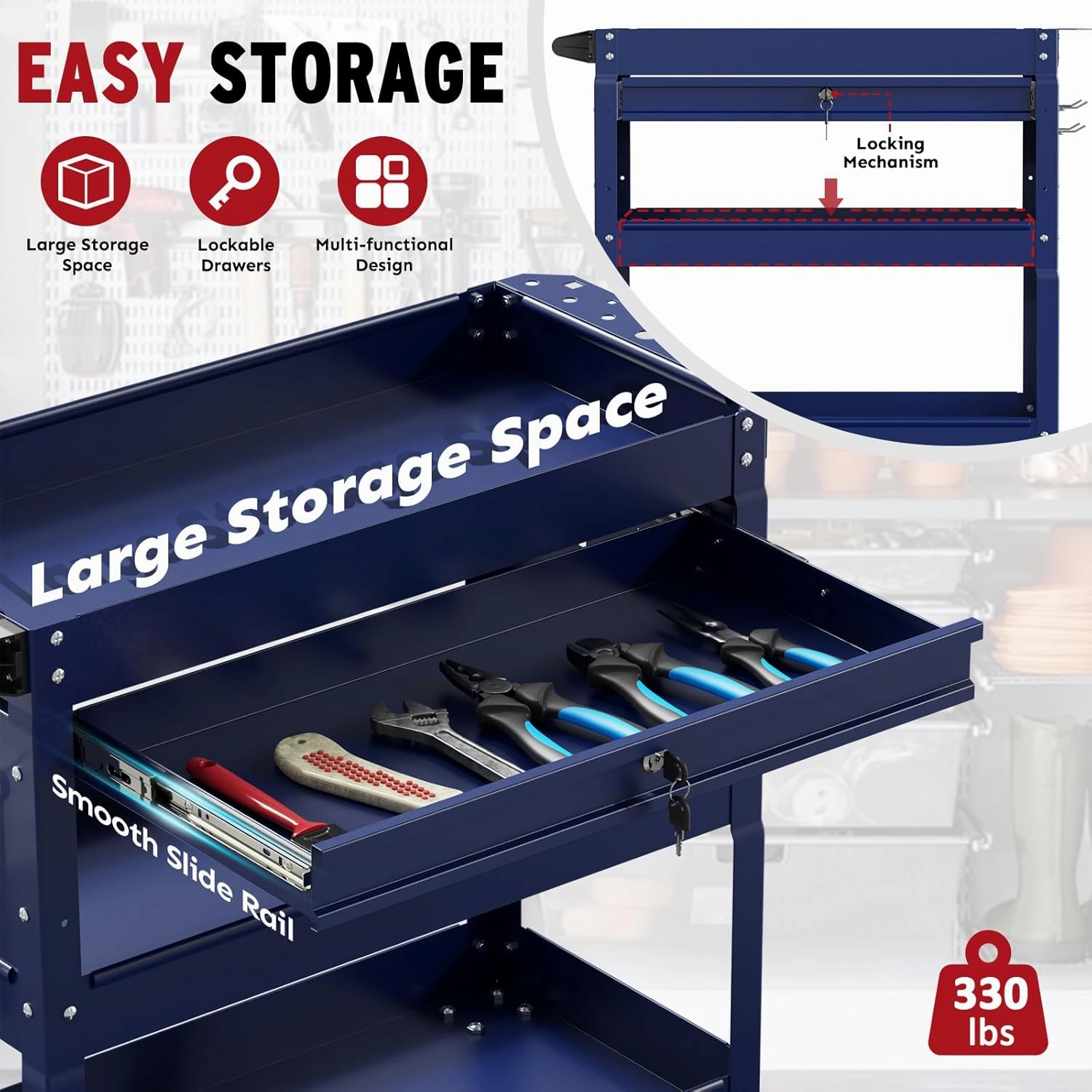 3 Tier Rolling Cart, Heavy Duty Utility Industrial Service Carts on Wheels, Metal Tool Cart with Locked Drawers, Ideal for Garage, Warehouse and Repair Shop（Blue）