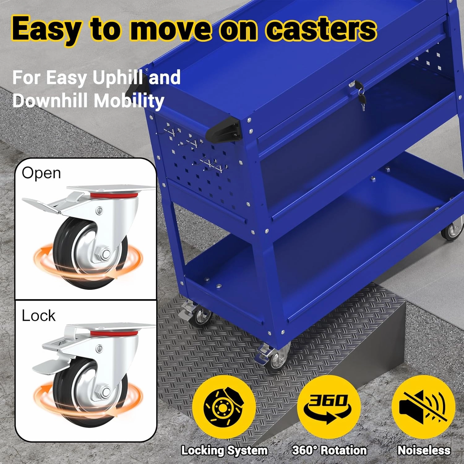 3 Tier Rolling Tool Cart on Wheels, 550 LBS Tool Cart with Drawers，Heavy Duty Utility Cart with Pegboard and Hook，Mechanic Tool Storage Cart for Garage, Warehouse and Repair Shop(Dark Blue)