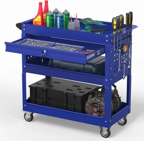 3 Tier Rolling Tool Cart on Wheels, 550 LBS Tool Cart with Drawers，Heavy Duty Utility Cart with Pegboard and Hook，Mechanic Tool Storage Cart for Garage, Warehouse and Repair Shop(Dark Blue)