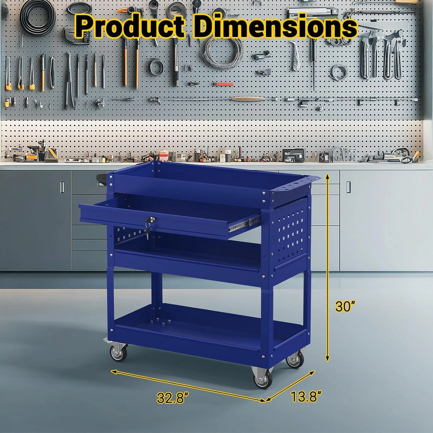 3 Tier Rolling Tool Cart on Wheels, 550 LBS Tool Cart with Drawers，Heavy Duty Utility Cart with Pegboard and Hook，Mechanic Tool Storage Cart for Garage, Warehouse and Repair Shop(Dark Blue)