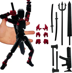 3D Printed Enlarge Body Size 8.1-inch Action Figure Dummy20, Full Body Mechanical Movable Toy, Multiple Accessories, Desk Decoration (Bracket, 3 HandsType, Weapons, Armour) (Black)