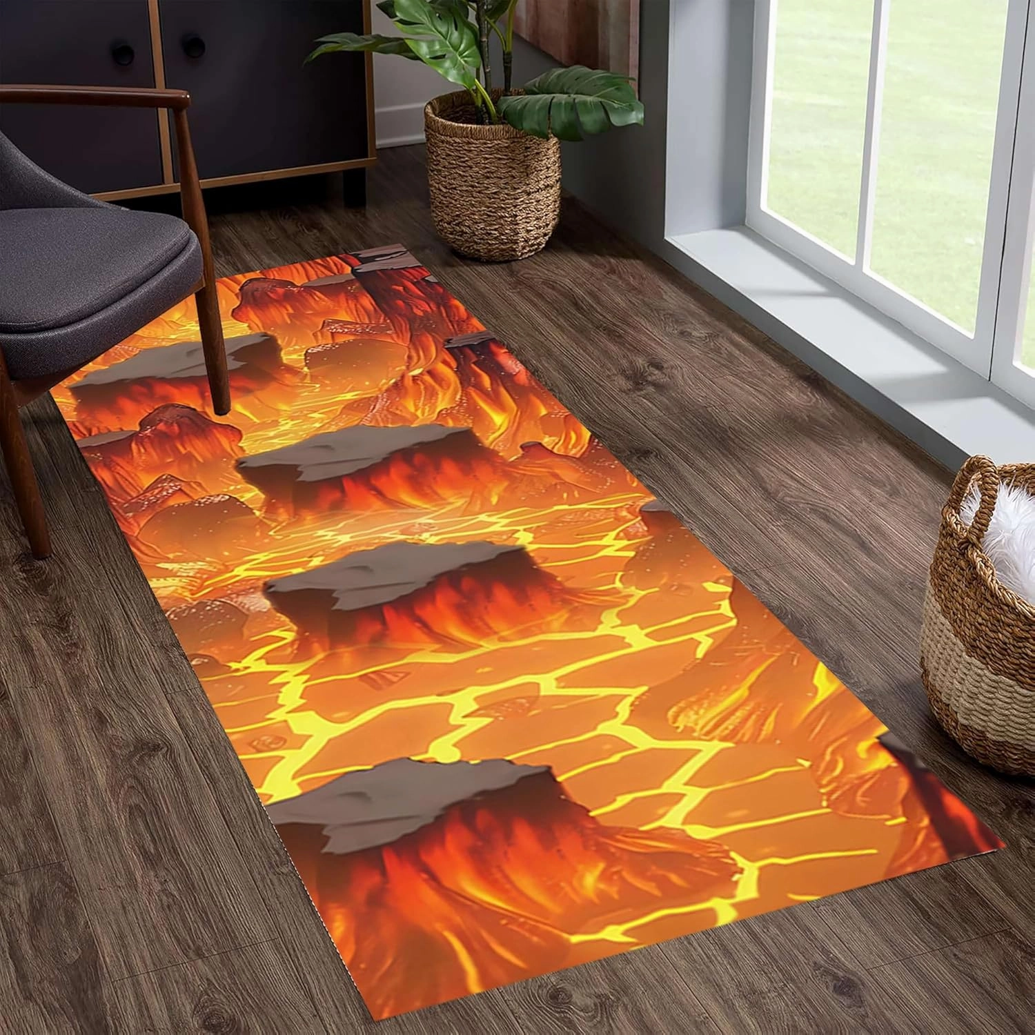 3D Optical Illusion Flame Runner Rug, 2x10ft, Volcanic Lava Surface Magma Texture Area Rug, Non-Slip Machine Washable Carpet, 3D Lava Rugs for Kids Room Rug Illusion Home Decor