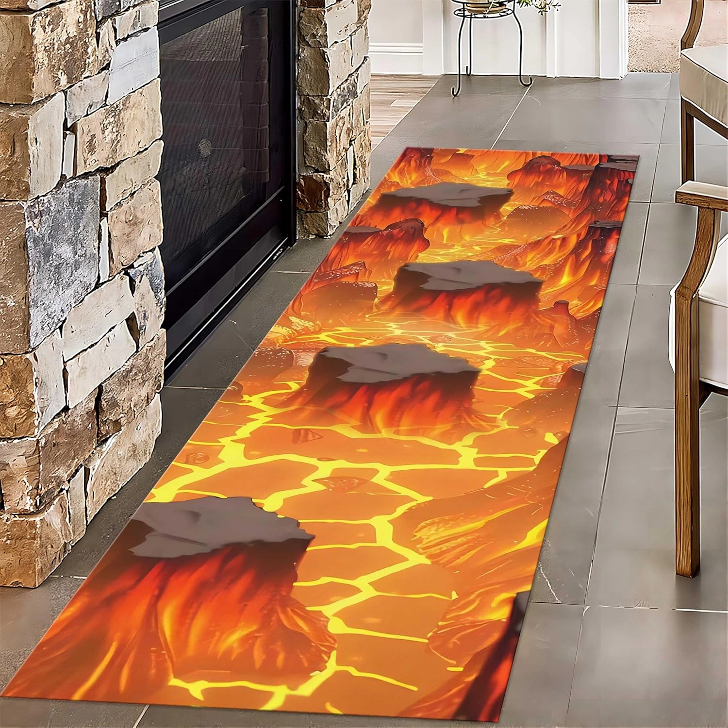 3D Optical Illusion Flame Runner Rug, 2x10ft, Volcanic Lava Surface Magma Texture Area Rug, Non-Slip Machine Washable Carpet, 3D Lava Rugs for Kids Room Rug Illusion Home Decor