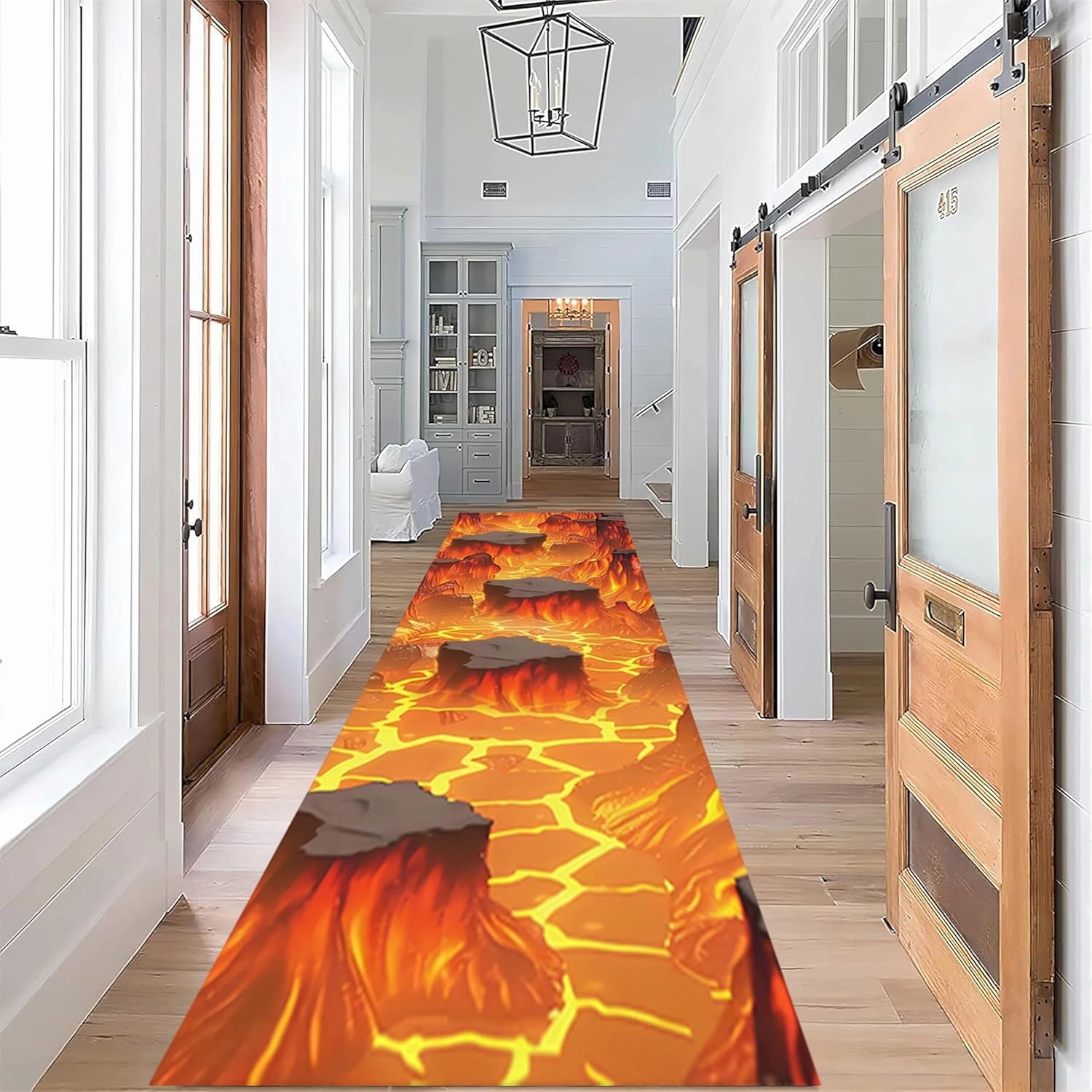 3D Optical Illusion Flame Runner Rug, 2x10ft, Volcanic Lava Surface Magma Texture Area Rug, Non-Slip Machine Washable Carpet, 3D Lava Rugs for Kids Room Rug Illusion Home Decor