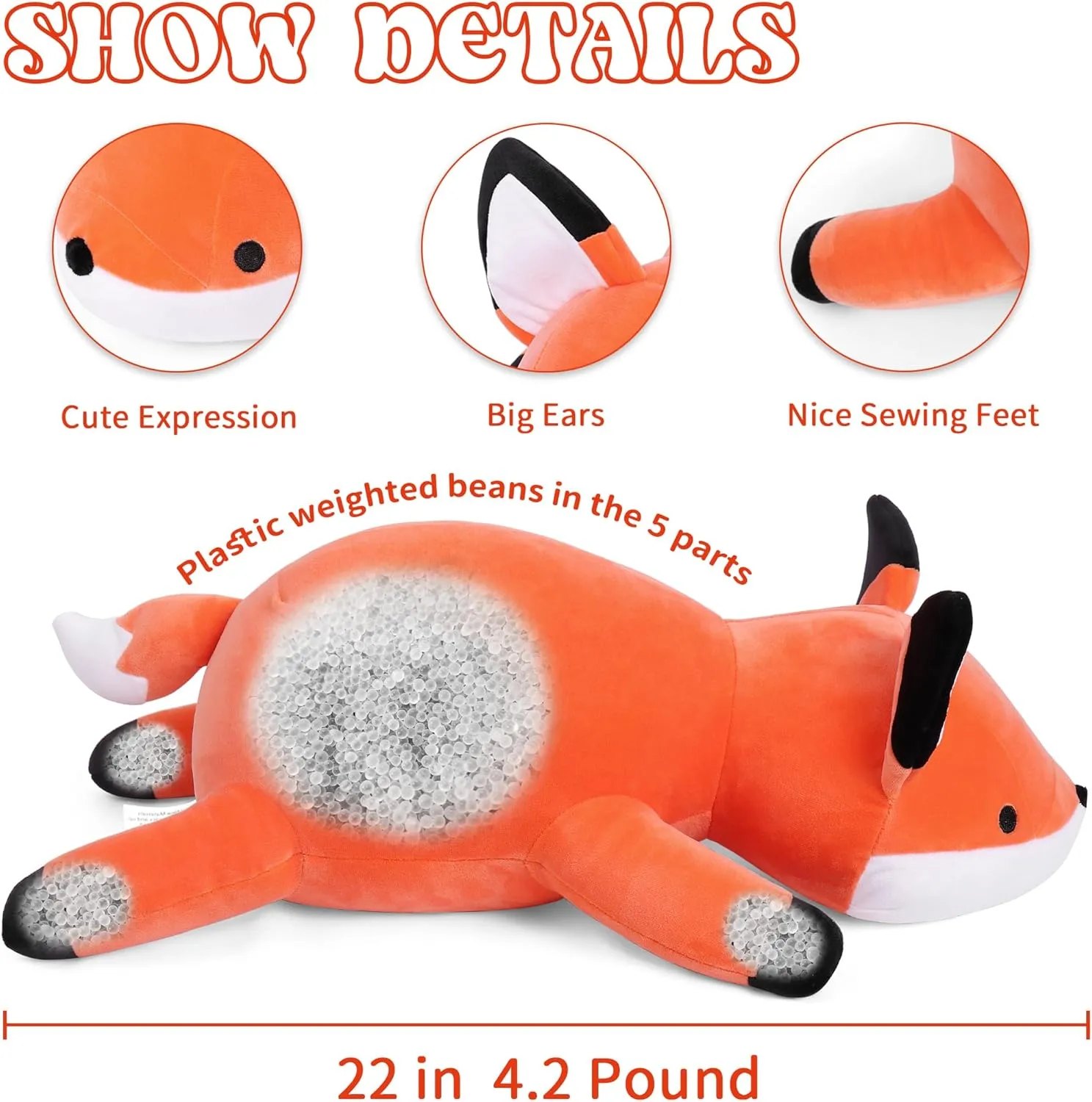 4.2lbs Fox Weighted Stuffed Animals 24in, Weighted Stuffed Animals, Giant Fox Throw Pillow Soft Plushie Doll Toy Gifts for Adults Kids