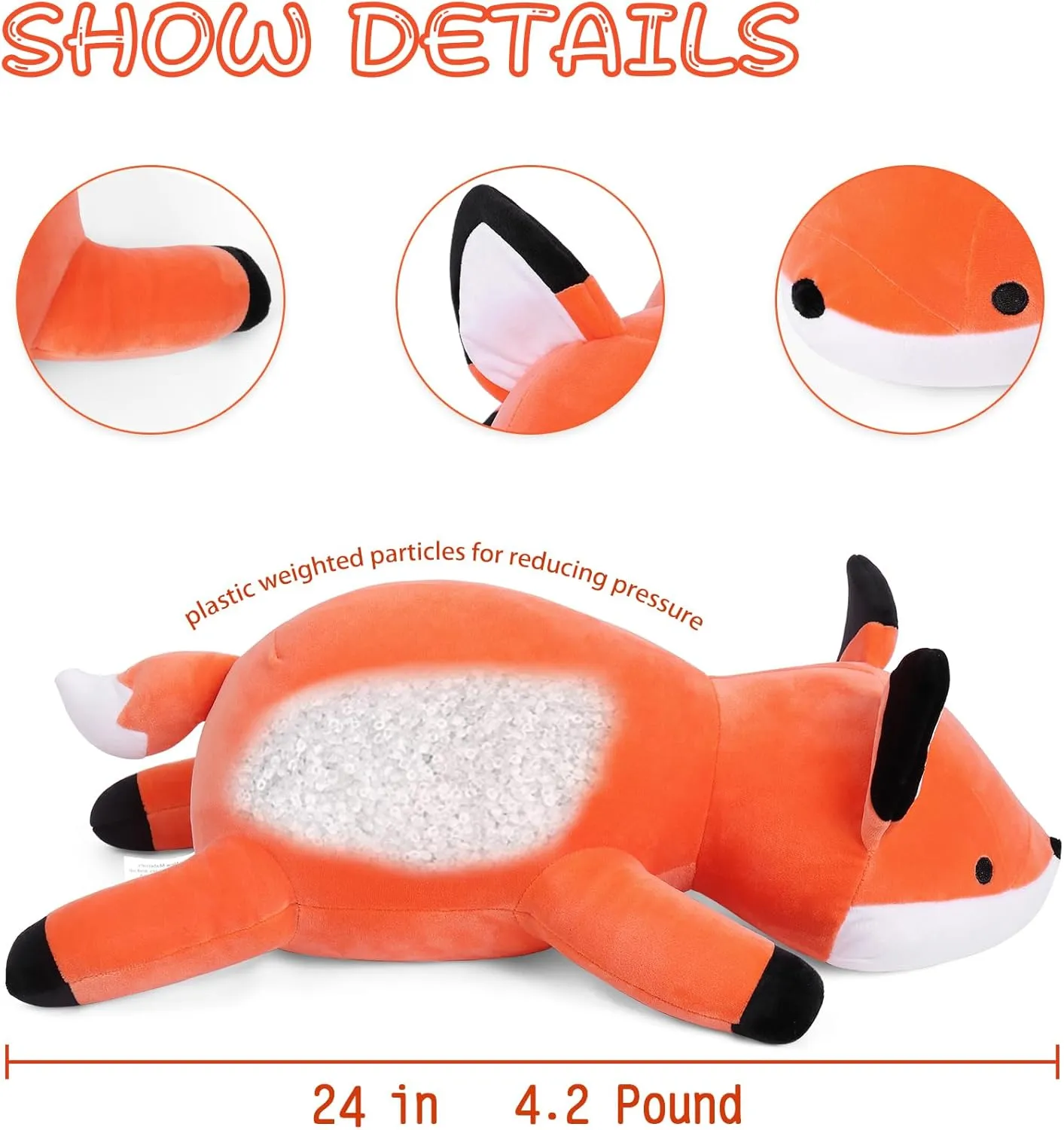 4.2lbs Fox Weighted Stuffed Animals 24in, Weighted Stuffed Animals, Giant Fox Throw Pillow Soft Plushie Doll Toy Gifts for Adults Kids