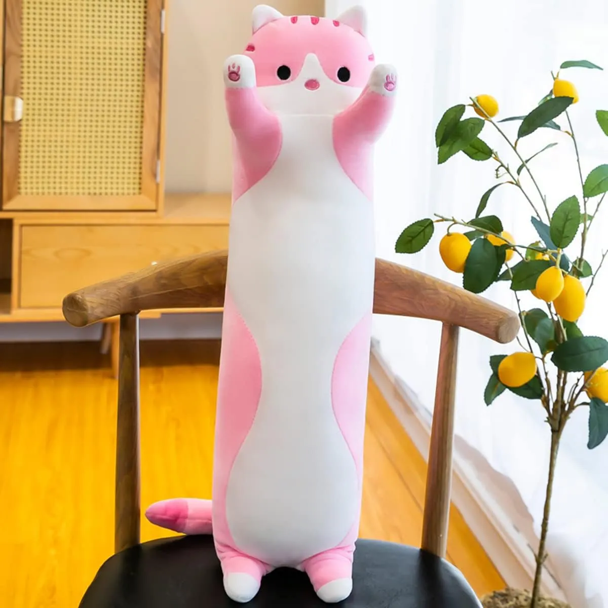 43.32in Giant Cat Pillow Plush Sleeping Pillow Cute Cartoon Cat Stuffed Animals Soft Long Body Pillow Gift for Kids Girlfriend(Pink)