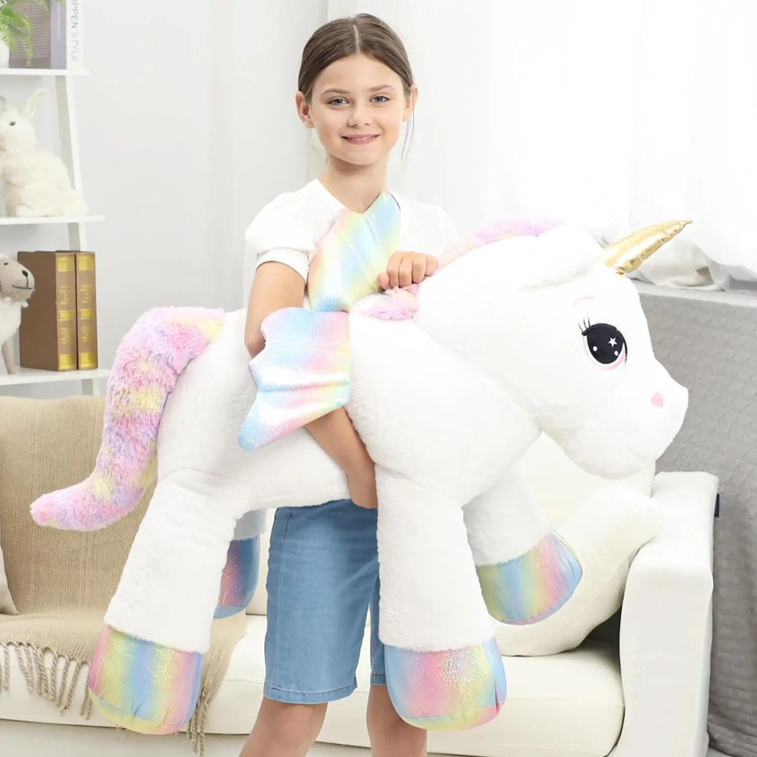 44 Inch Giant Unicorn Stuffed Animal Pillow, Cute Soft Big Unicorn with Rainbow Wings Large Plush Toy, Gifts for Girlfriend Girls Boys Kids Birthday Valentines Christmas