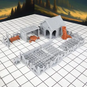 47pcs Village Yard Terrain Set for DND and Tabletop Games, 28mm Miniatures, 3D Printed Plastic