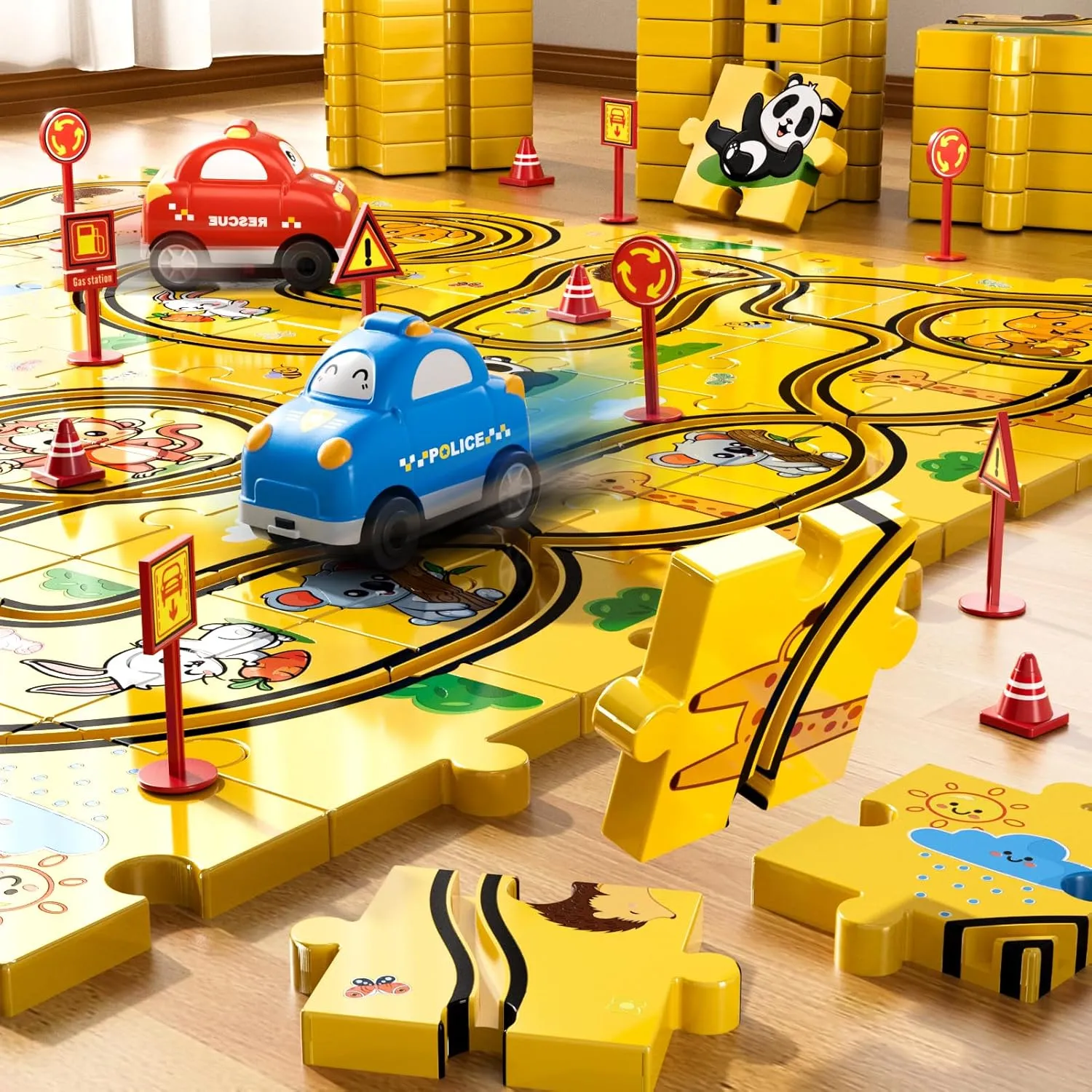 48 PCS Puzzle Racer Car Track Set Toys for Kids Boys, Toys Gifts for 3 4 5 Year Old Boys, Puzzle Racer Kids Car Track Set Ages 3-5 4-6, Ideal 3 4 5 Year Old Boys Birthday Gifts (Animals)