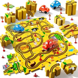 48 PCS Puzzle Racer Car Track Set Toys for Kids Boys, Toys Gifts for 3 4 5 Year Old Boys, Puzzle Racer Kids Car Track Set Ages 3-5 4-6, Ideal 3 4 5 Year Old Boys Birthday Gifts (Animals)