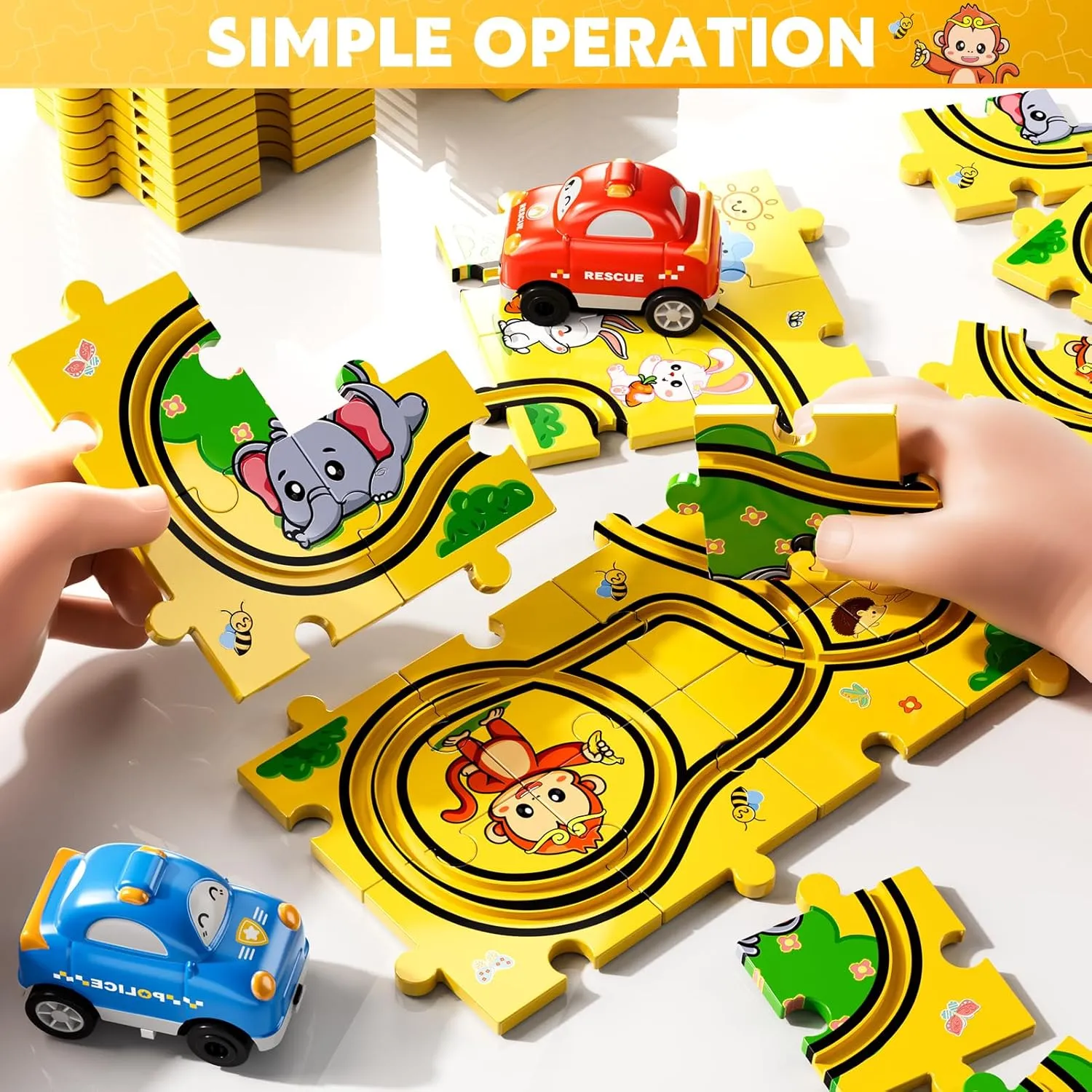 48 PCS Puzzle Racer Car Track Set Toys for Kids Boys, Toys Gifts for 3 4 5 Year Old Boys, Puzzle Racer Kids Car Track Set Ages 3-5 4-6, Ideal 3 4 5 Year Old Boys Birthday Gifts (Animals)