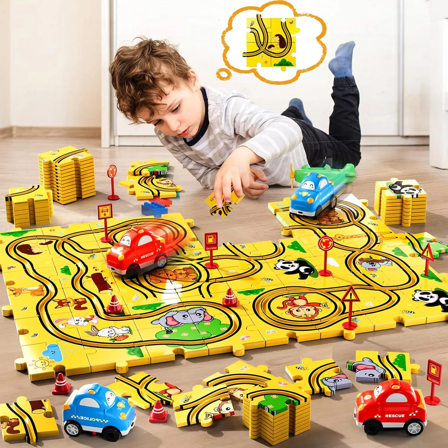 48 PCS Puzzle Racer Car Track Set Toys for Kids Boys, Toys Gifts for 3 4 5 Year Old Boys, Puzzle Racer Kids Car Track Set Ages 3-5 4-6, Ideal 3 4 5 Year Old Boys Birthday Gifts (Animals)