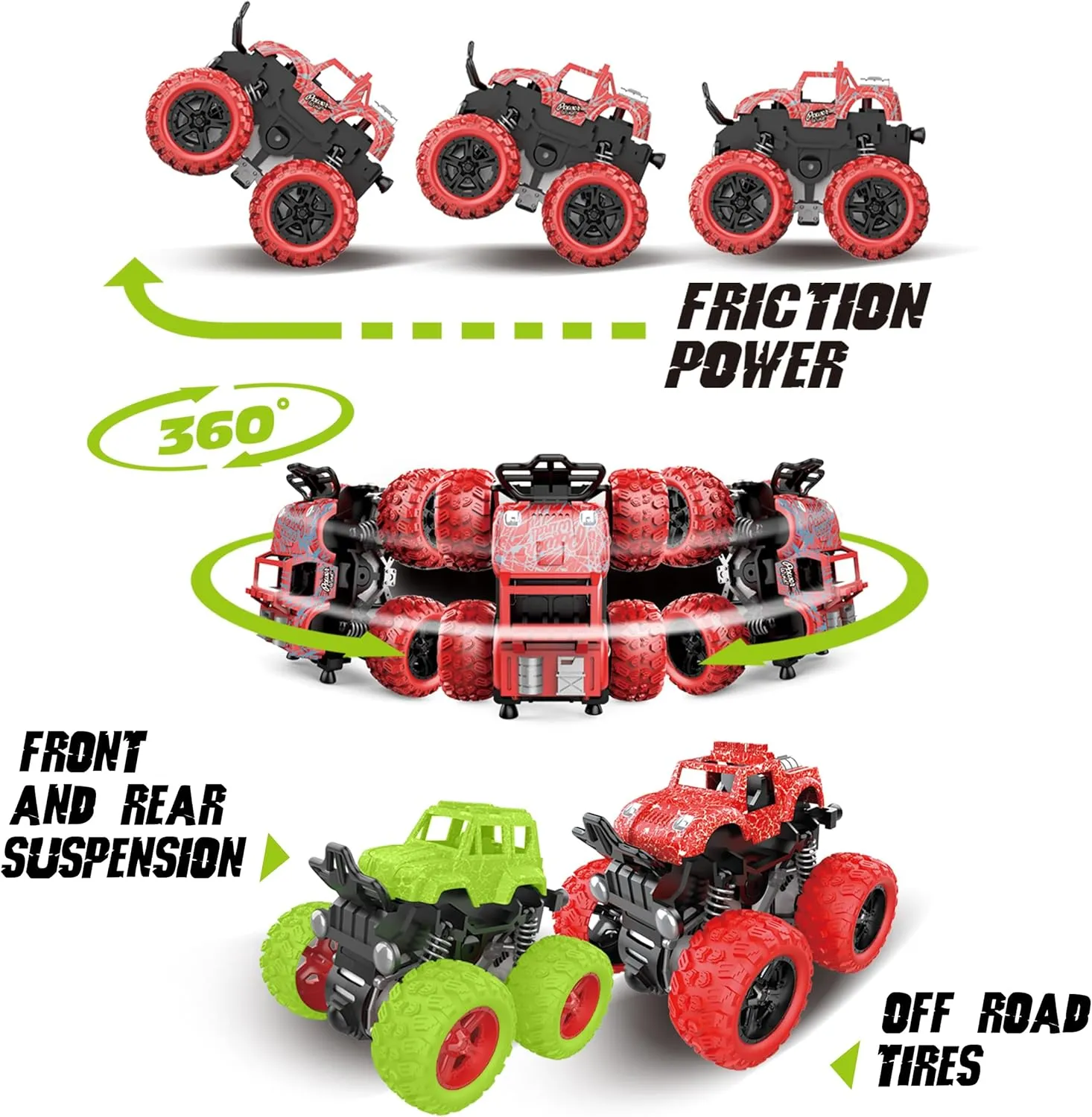 4x4 Power Trucks, Kids Truck Toys Bundle Pack (8 Pack) - Toddler Monster Truck Toys Perfect for Gifting - Monster Truck Party Favors -Friction Powered Toy's