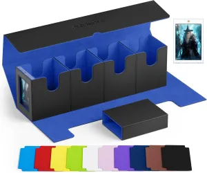 5 IN 1 Card Deck Box with Commander Display, Holds 800  Cards, Includes 35pt Magnetic Card Holder and 10 Colorful Dividers(Black&Blue)
