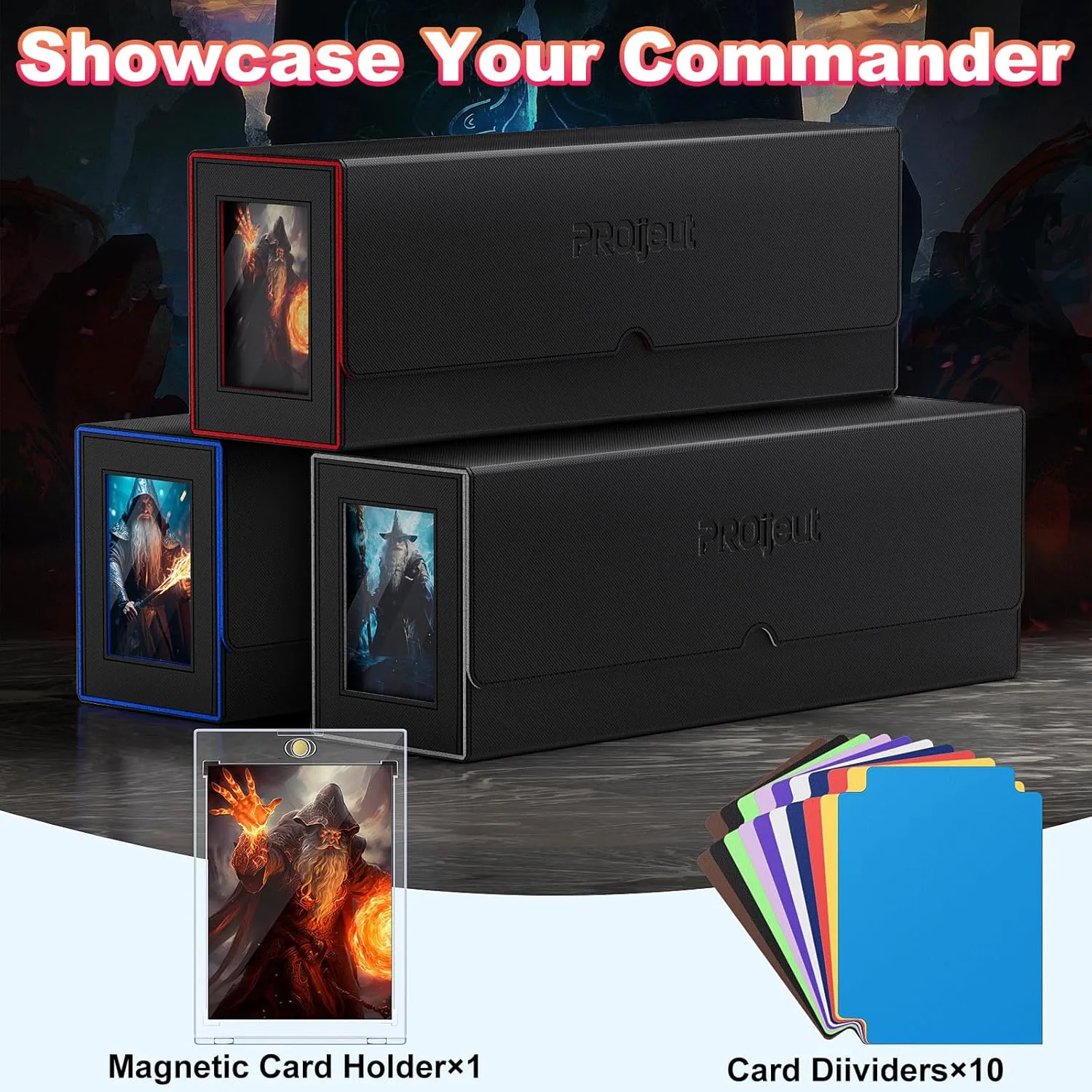 5 IN 1 Card Deck Box with Commander Display, Holds 800  Cards, Includes 35pt Magnetic Card Holder and 10 Colorful Dividers(Black&Blue)