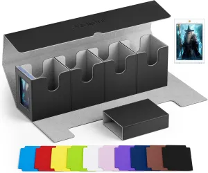 5 IN 1 Card Deck Box with Commander Display, Holds 800  Cards, Includes 35pt Magnetic Card Holder and 10 Colorful Dividers(Black&Grey)