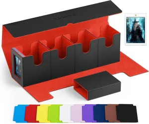 5 IN 1 Card Deck Box with Commander Display, Holds 800  Cards, Includes 35pt Magnetic Card Holder and 10 Colorful Dividers(Black&Red)