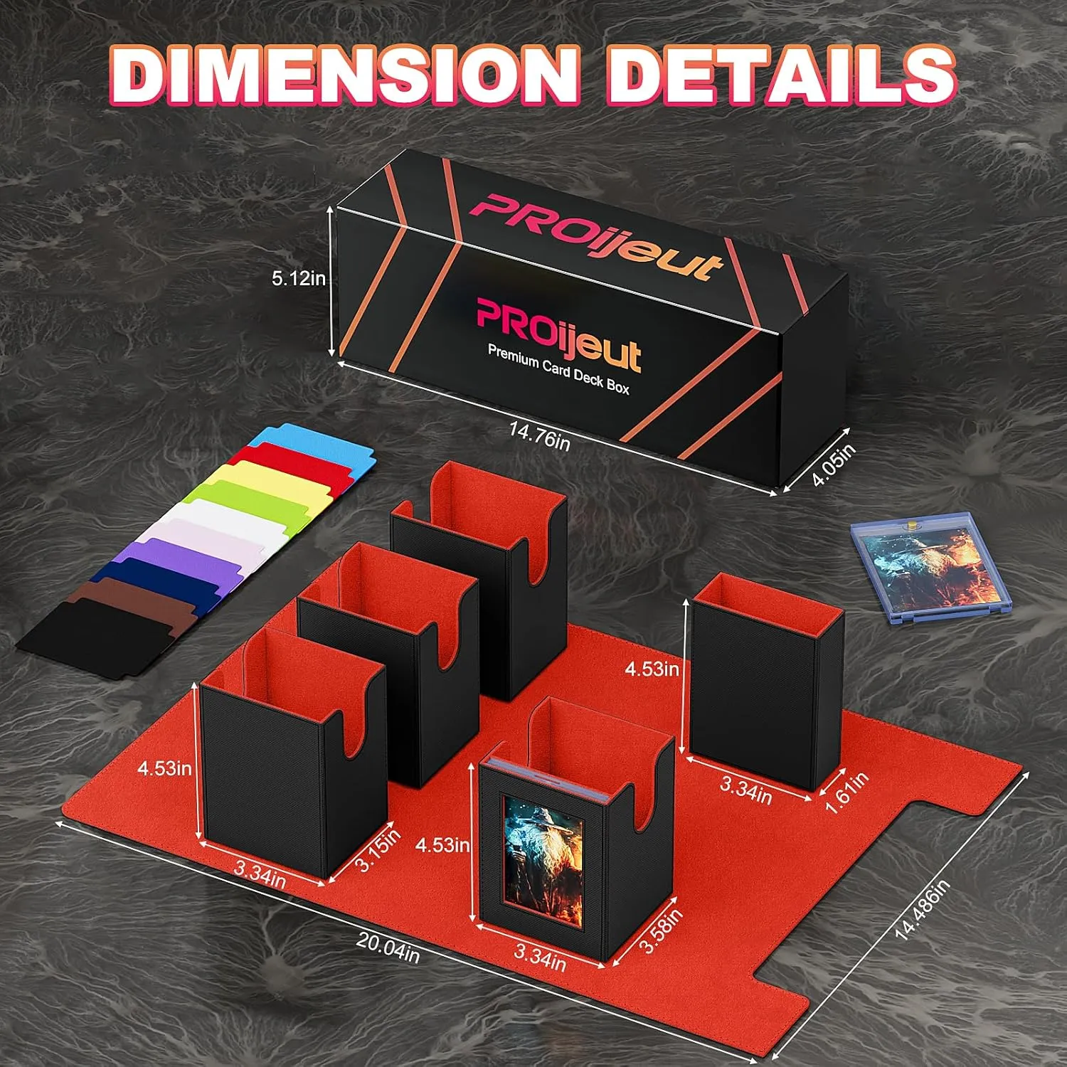 5 IN 1 Card Deck Box with Commander Display, Holds 800  Cards, Includes 35pt Magnetic Card Holder and 10 Colorful Dividers(Black&Red)