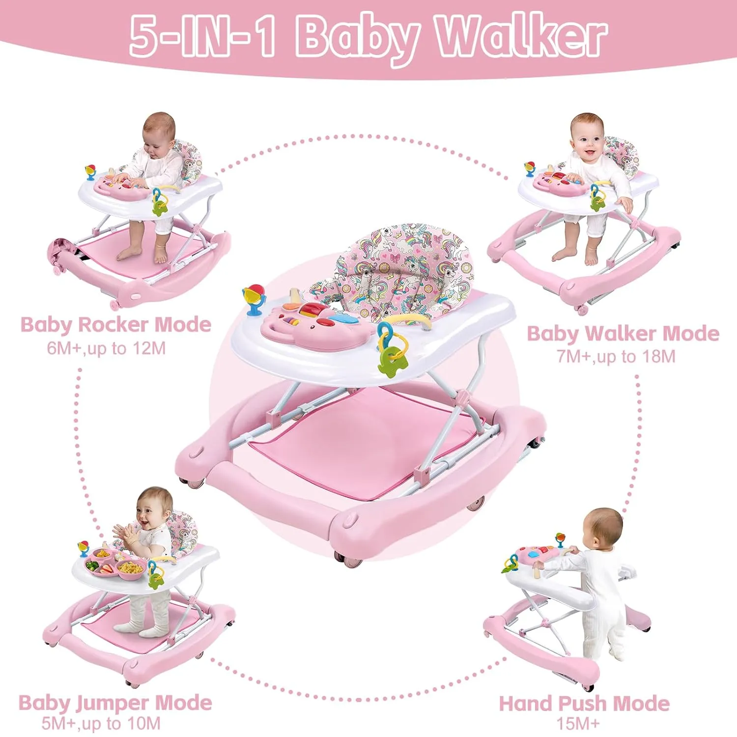 5 in 1 Foldable Baby Walker, Activity Baby Walker-Baby Bouncer, Rocker, Activity Center,Seat and Push Walker,Detachable Trampoline Mat, Adjustable Speed Rear Wheels and Height,Ages 6-18 Months(Pink)