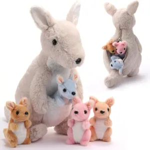5 Pcs Kangaroo Stuffed Animals, 12 Inch Large Plush Mommy Kangaroo with 4 Little Babies Soft Plush Stuffed Animals Set for Boys and Girls Easter Christmas Birthday Party Favors (Grey)