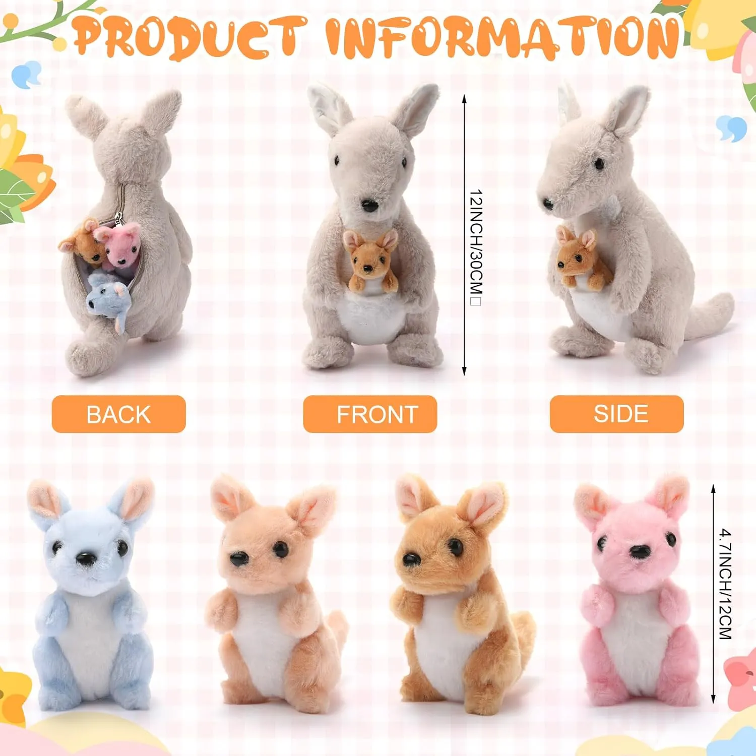 5 Pcs Kangaroo Stuffed Animals, 12 Inch Large Plush Mommy Kangaroo with 4 Little Babies Soft Plush Stuffed Animals Set for Boys and Girls Easter Christmas Birthday Party Favors (Grey)