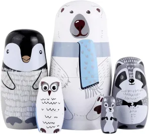 5 Pcs Russian Nesting Dolls Cute Bear Handmade Wood Stacking Nesting Dolls Russian Matryoshka Dolls for Kids Boys Girls Birthday Holiday Wishing Gift (White Bears)
