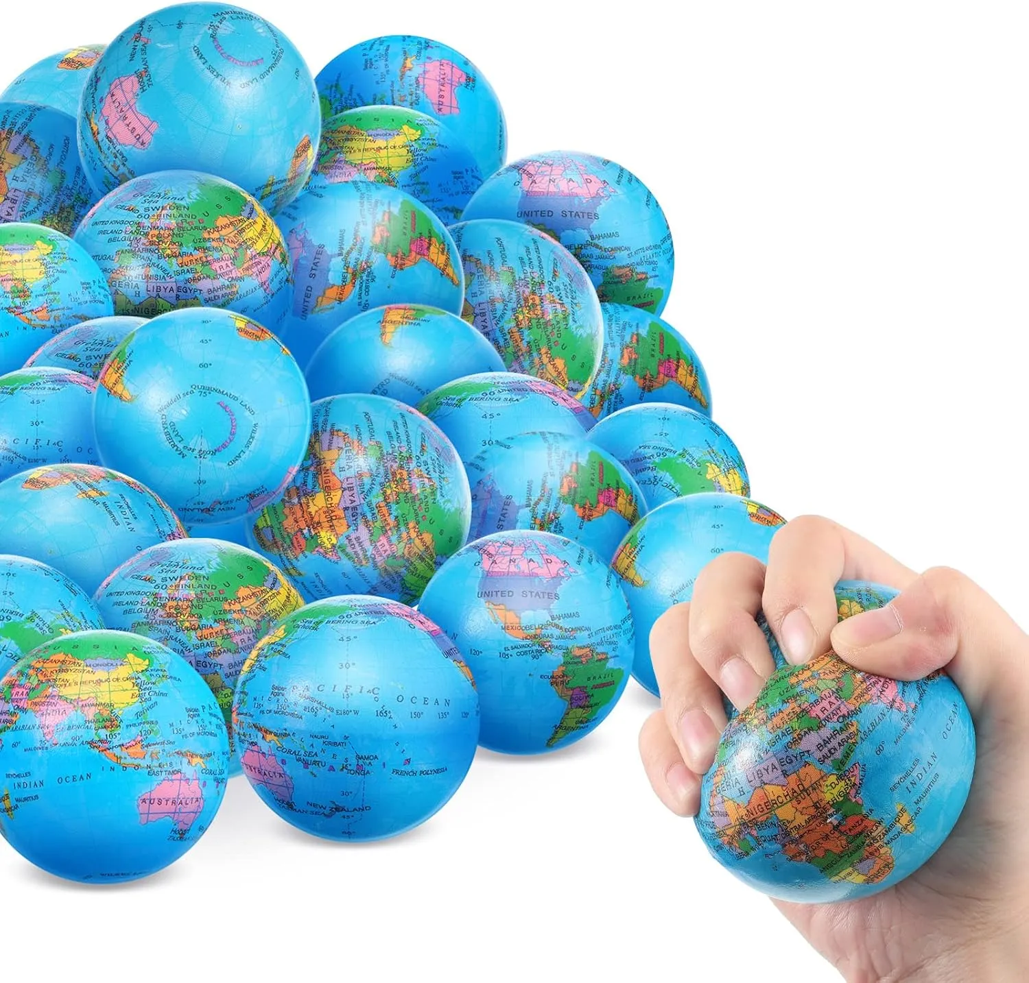 50 Pcs Globe Stress Balls 3 Inch World Stress Balls Mini Globe Planet Soft Foam Stress Ball Toy Bulk Educational for School, Classroom, Party Favors