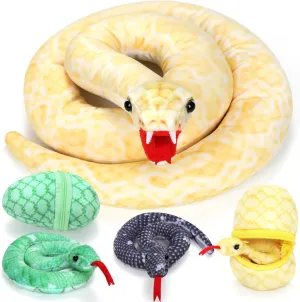 55 Inch Giant Snake Plush Mommy with 3 Babies, Easter Filler Gifts Mommy Snake with 3 Cute Babies & 3 Eggs Golden Snake Easter Stuffed Animal for Boys Girls
