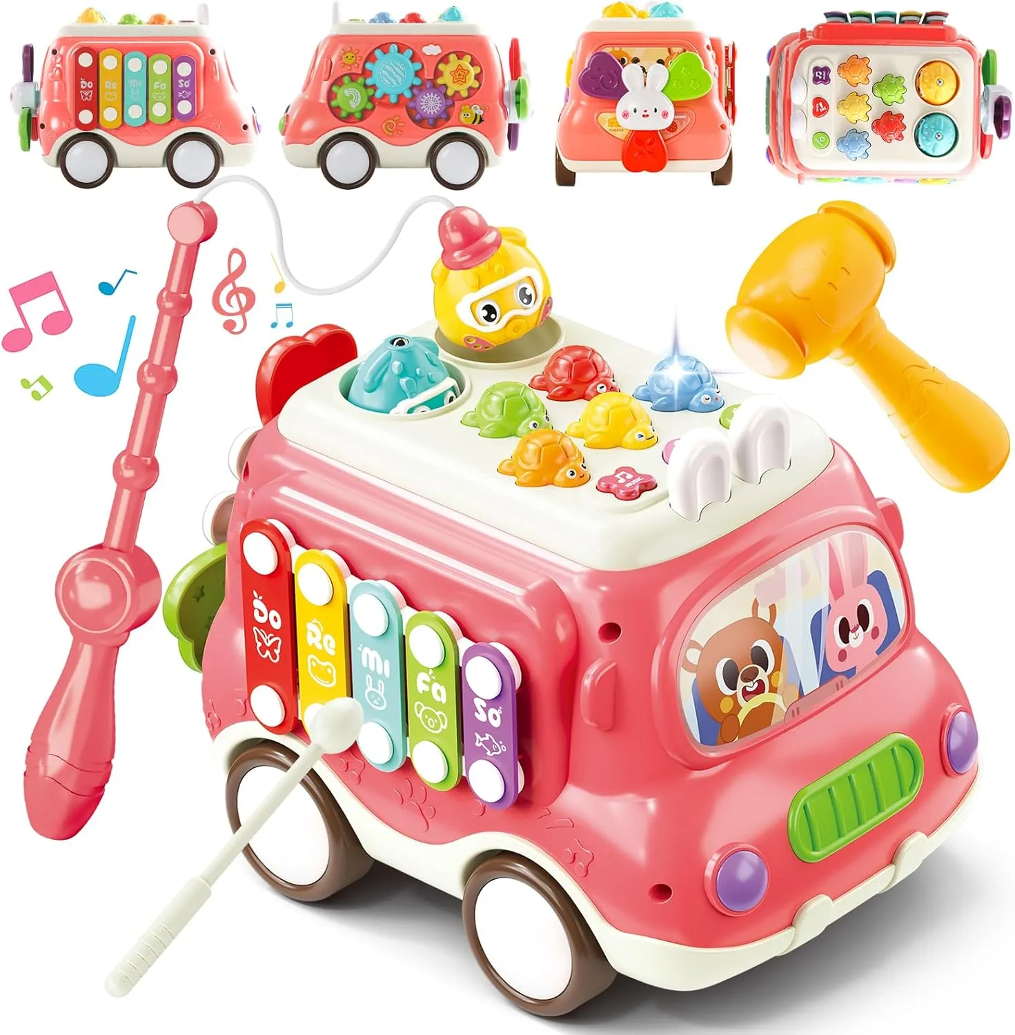 6-in-1 Musical Bus Toys for Toddlers, Baby School Bus with Xylophone Whack A Mole Fishing Game, Montessori Activity Cube for 2 3 4 Year Old, 1st Birthday Gifts for Girls 18M  (Pink)