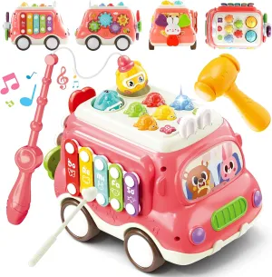 6-in-1 Musical Bus Toys for Toddlers, Baby School Bus with Xylophone Whack A Mole Fishing Game, Montessori Activity Cube for 2 3 4 Year Old, 1st Birthday Gifts for Girls 18M  (Pink)