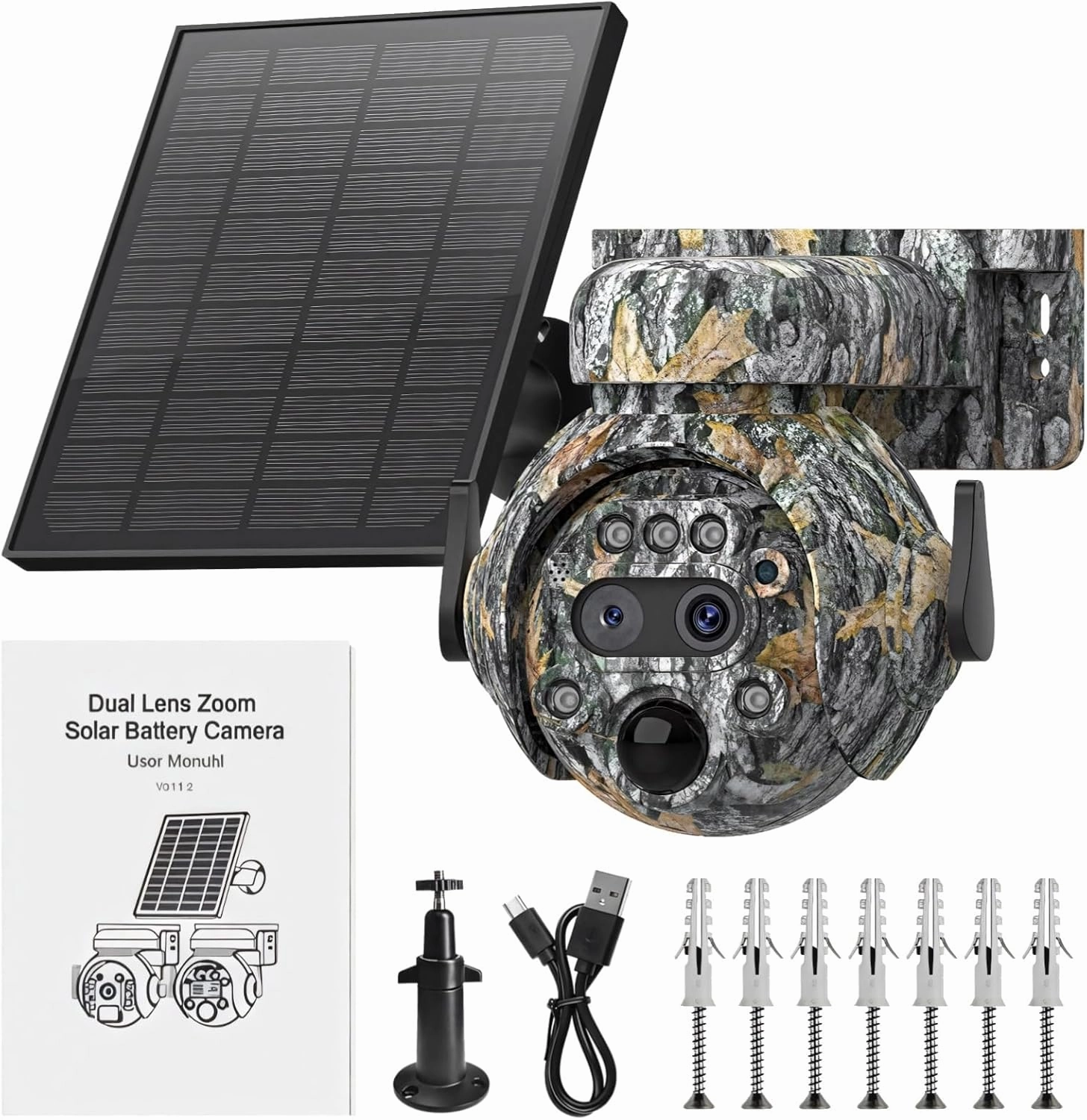 6Mp Solar-Powered Camouflage Trail Camera, Wireless, 12X Zoom, 360° Night Vision, Ip65 Waterproof, Outdoor Monitoring