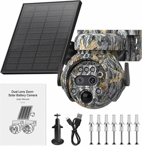 6Mp Solar-Powered Camouflage Trail Camera, Wireless, 12X Zoom, 360° Night Vision, Ip65 Waterproof, Outdoor Monitoring