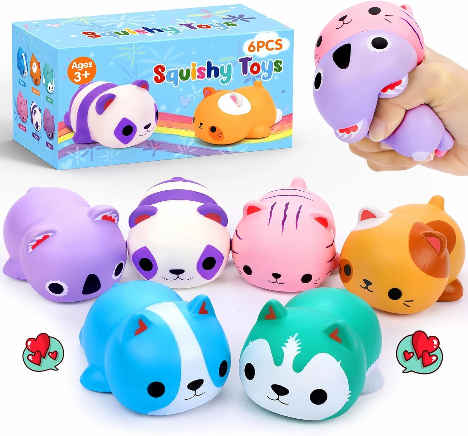 6PCS Cat Squishies Slow Rising Stress Balls for Kids Adults Jumbo Foam Squishy Toys Anxiety Relief Fidget Toys Treasure Box Classroom Prizes Party Favors Stocking Stuffers Valentines Easter Goodie Bag