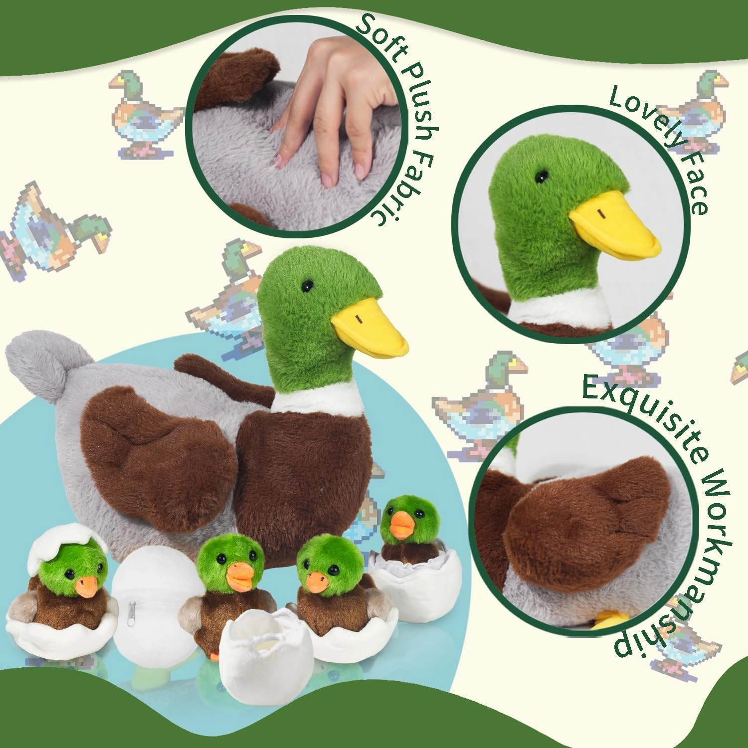 7 in 1 Mallard Duck Stuffed Animals Duck Plush Toys, Zipper Mommy Stuffed Ducks with 4 Baby Ducklings Toy and Eggs Ducks Plushies for Kids Birthday Easter Stuffers Surprise Gifts Farm Party Decors
