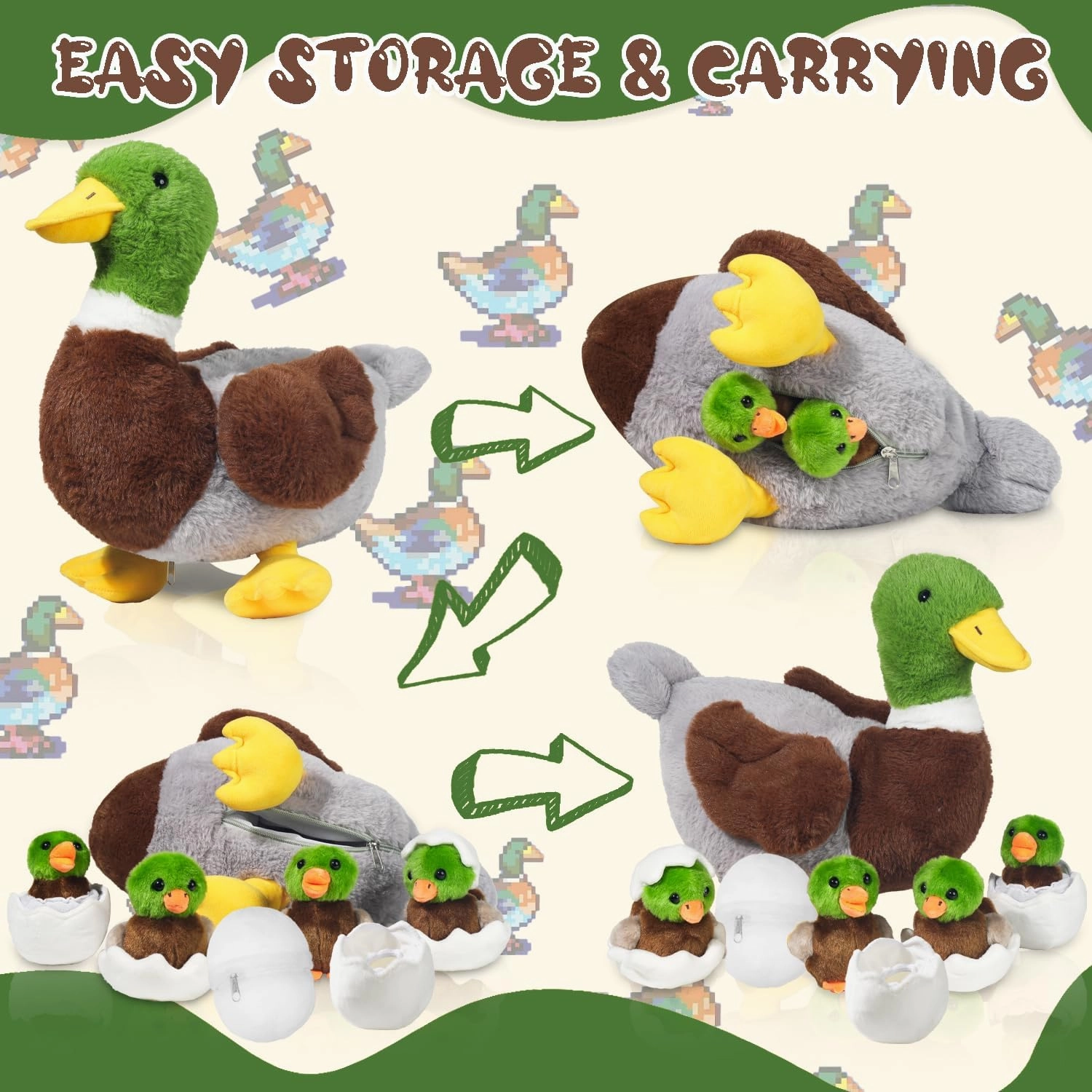 7 in 1 Mallard Duck Stuffed Animals Duck Plush Toys, Zipper Mommy Stuffed Ducks with 4 Baby Ducklings Toy and Eggs Ducks Plushies for Kids Birthday Easter Stuffers Surprise Gifts Farm Party Decors