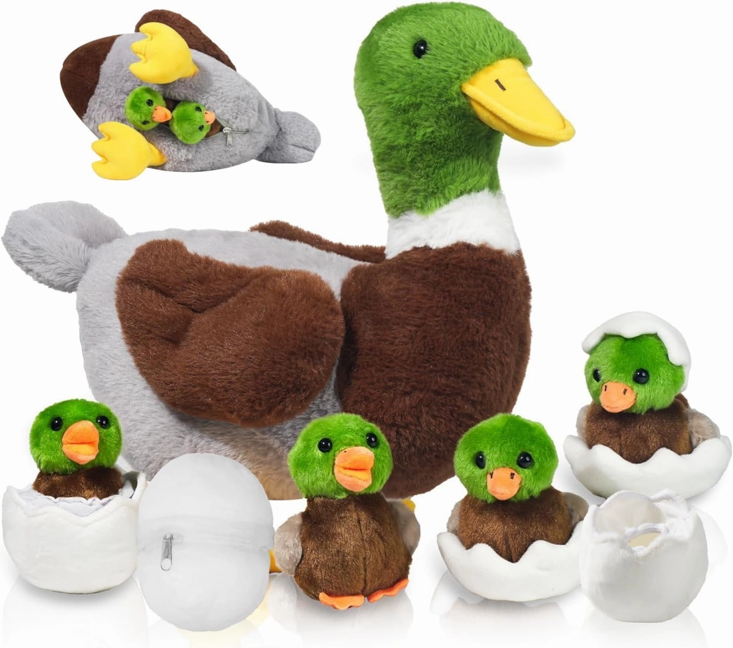 7 in 1 Mallard Duck Stuffed Animals Duck Plush Toys, Zipper Mommy Stuffed Ducks with 4 Baby Ducklings Toy and Eggs Ducks Plushies for Kids Birthday Easter Stuffers Surprise Gifts Farm Party Decors