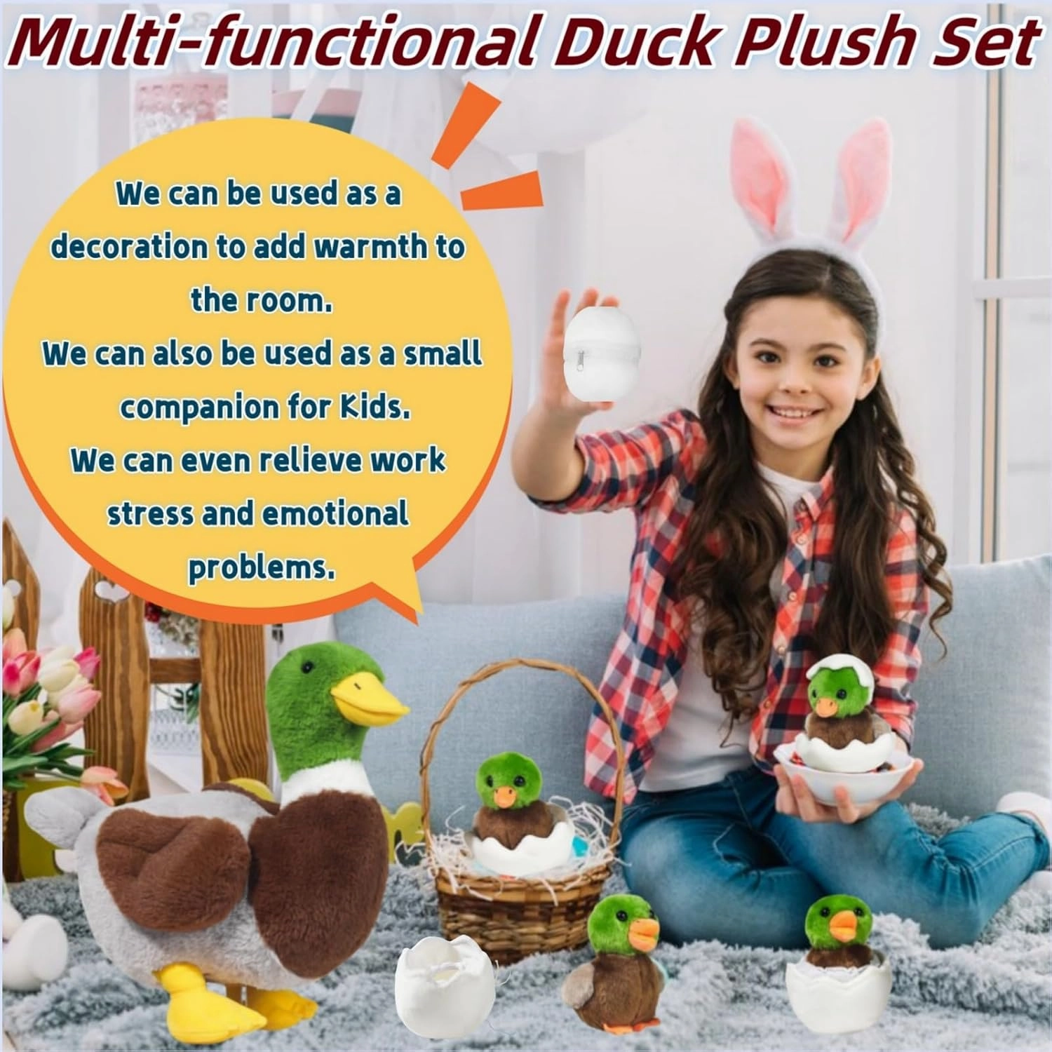 7 in 1 Mallard Duck Stuffed Animals Duck Plush Toys, Zipper Mommy Stuffed Ducks with 4 Baby Ducklings Toy and Eggs Ducks Plushies for Kids Birthday Easter Stuffers Surprise Gifts Farm Party Decors