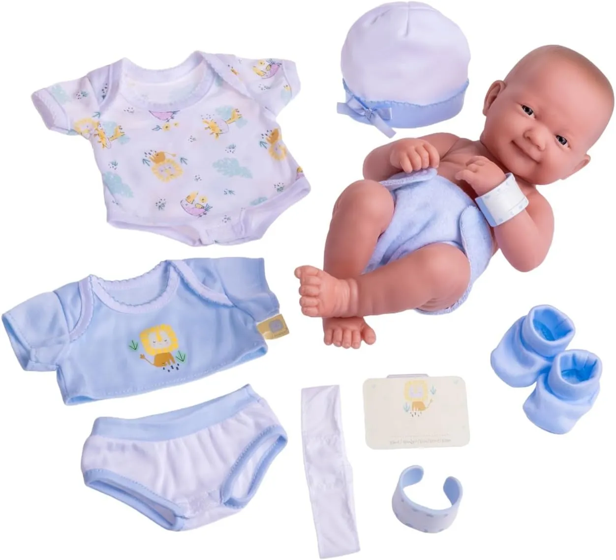 8 piece Layette Baby Doll Gift Set | JC Toys - La Newborn Nursery | 14" Life-Like Smiling Doll w/ Accessories | Blue | Ages 2 